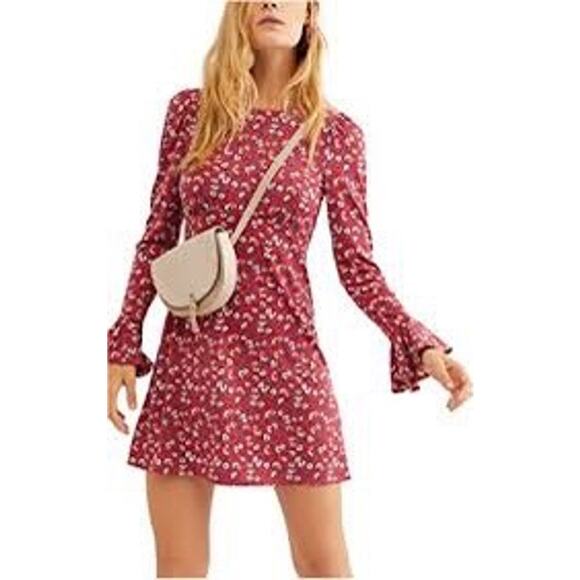 Free People Say Hello Boho Red Floral  Mini Dress - Picture 2 of 12
